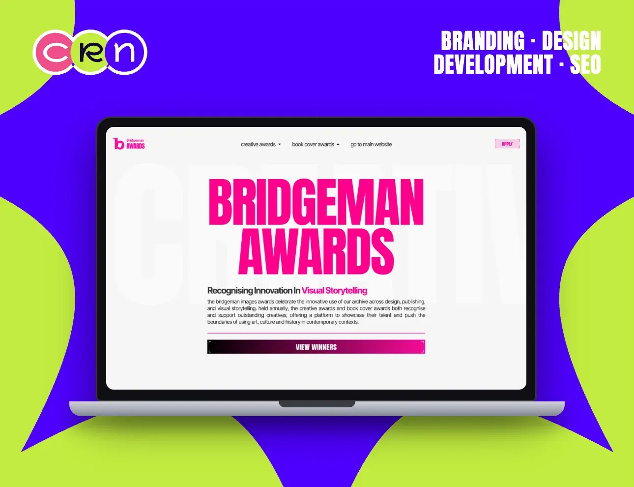 Bridgeman Awards homepage: magenta display type on white under the line “Recognising innovation in visual storytelling”.