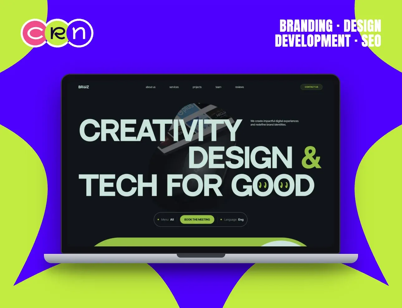 Broz agency homepage: the oversized headline “Creativity, design & tech for good” in mint green on black.
