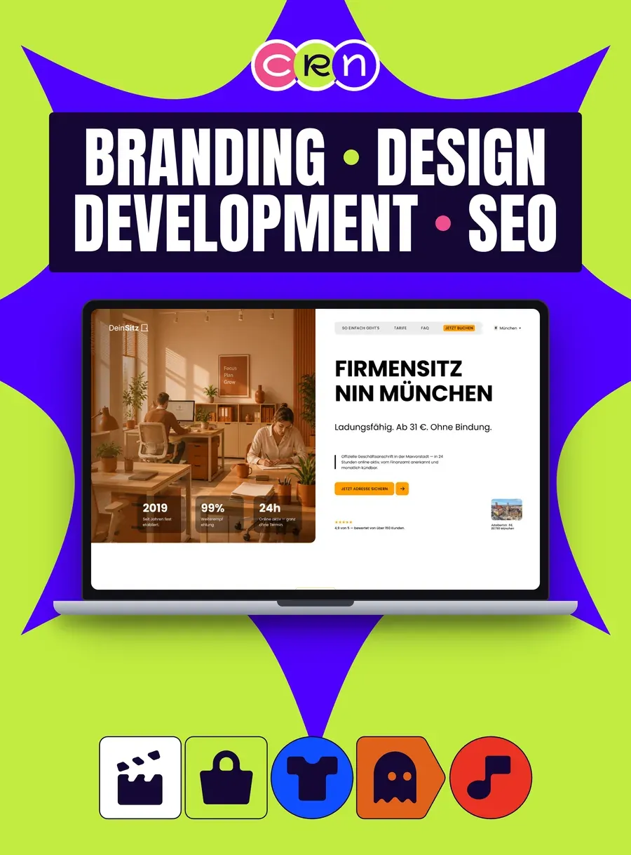 DeinSitz homepage: a warm Munich co-working office beside the German headline “Firmensitz in München”.