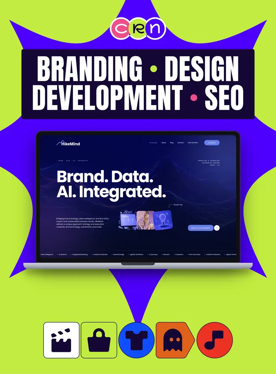 HikeMind homepage: a wireframe mountain range in the dark under the headline “Brand. Data. AI. Integrated.”