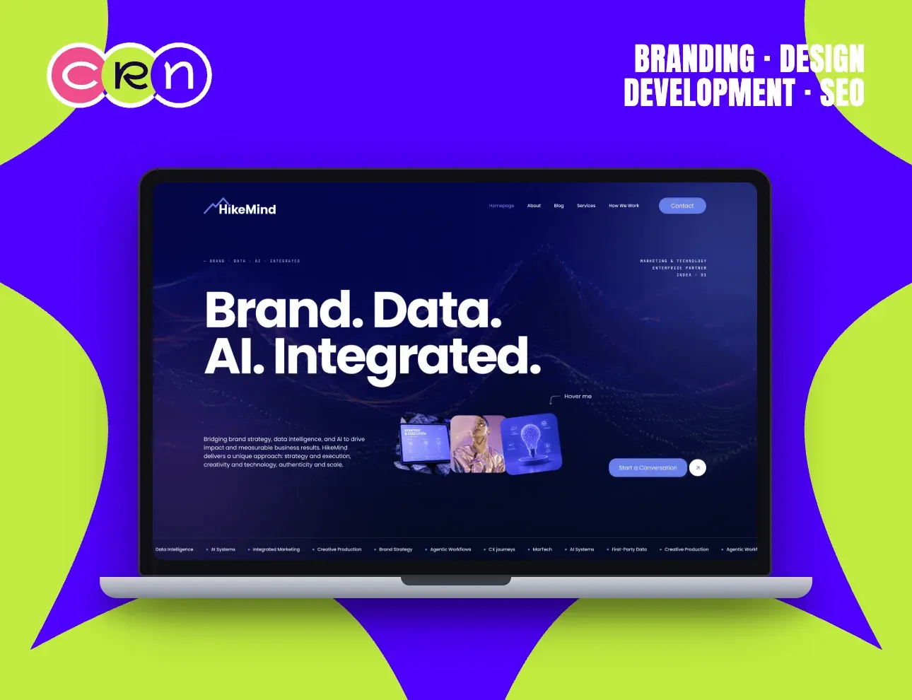 HikeMind homepage: a wireframe mountain range in the dark under the headline “Brand. Data. AI. Integrated.”