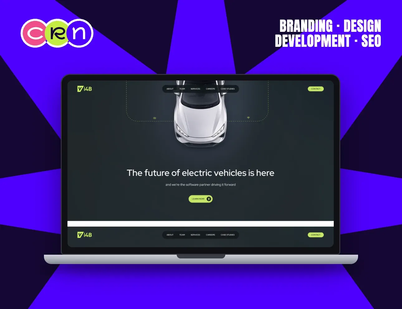 i4B homepage: an electric car seen from above with a dotted circuit outline, under the headline “The future of electric vehicles is here”.
