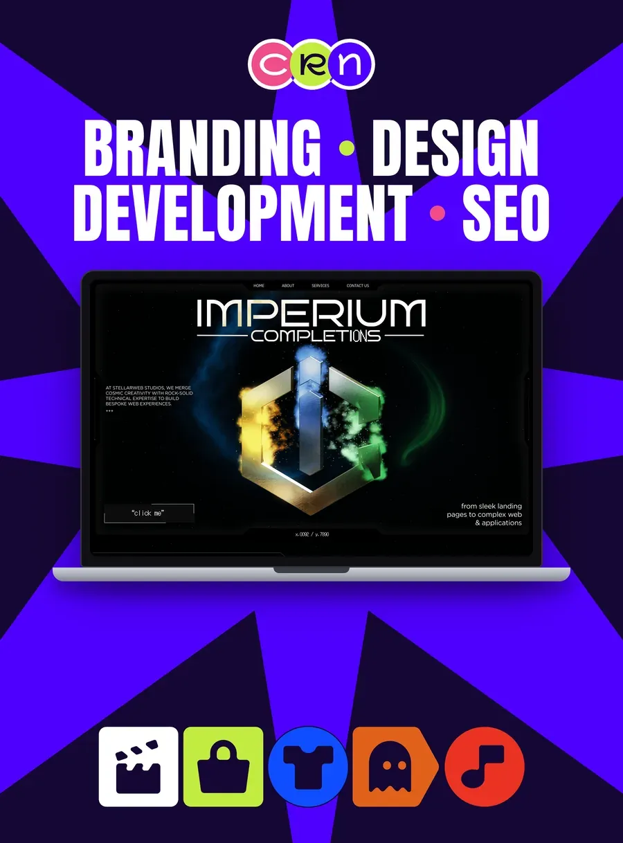 Imperium Completions homepage: a metallic 3D emblem lit against a deep-space nebula, under the line “from sleek landing pages to complex web & applications”.