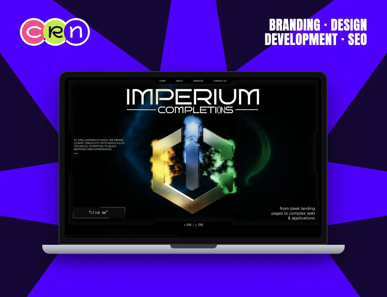 Imperium Completions homepage: a metallic 3D emblem lit against a deep-space nebula, under the line “from sleek landing pages to complex web & applications”.