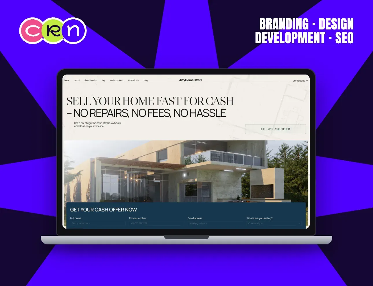 Jiffy Home Offers homepage: a modern house behind the headline “Sell your home fast for cash”.