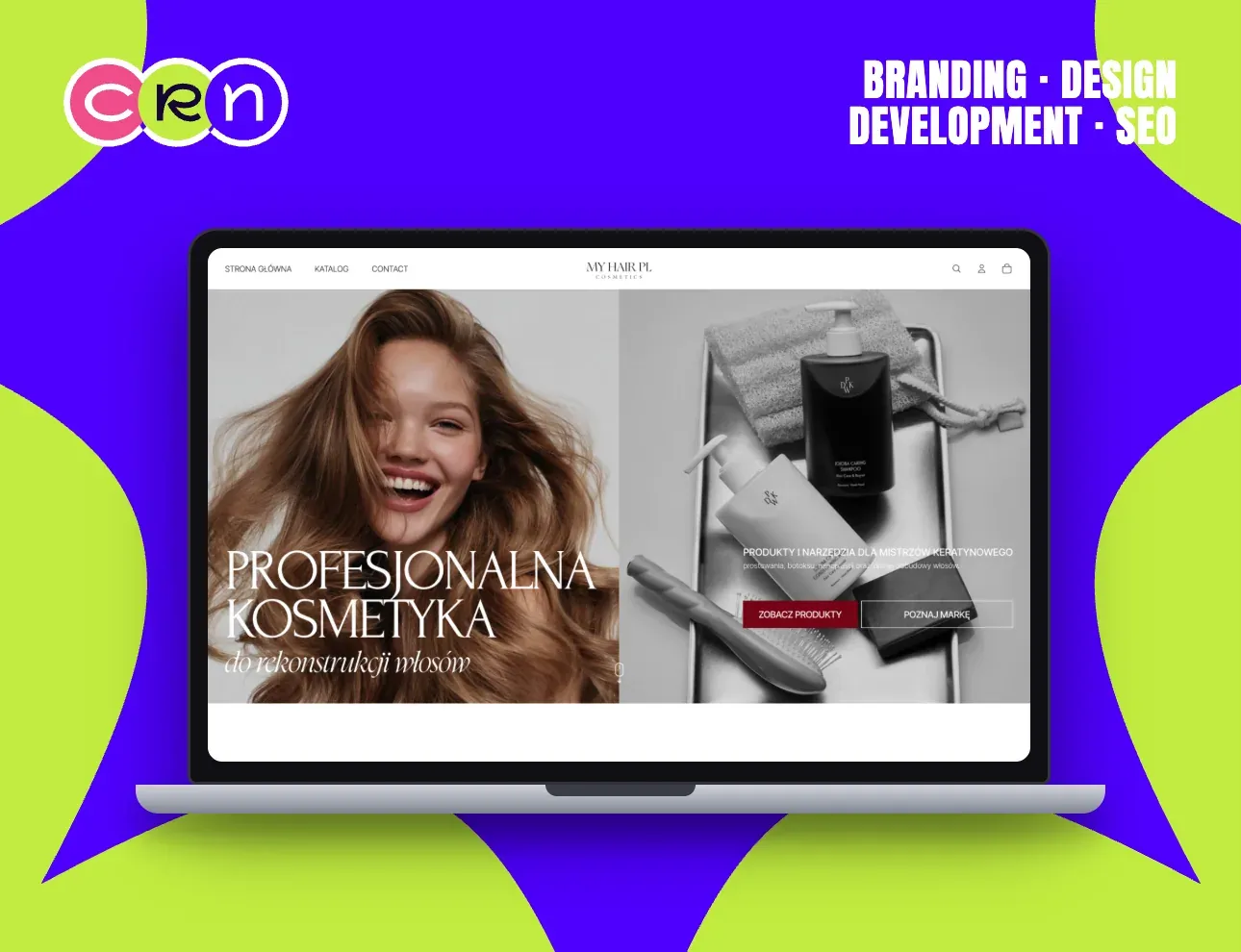 My Hair PL store homepage: a model with long hair beside a still life of professional hair products in black and white.