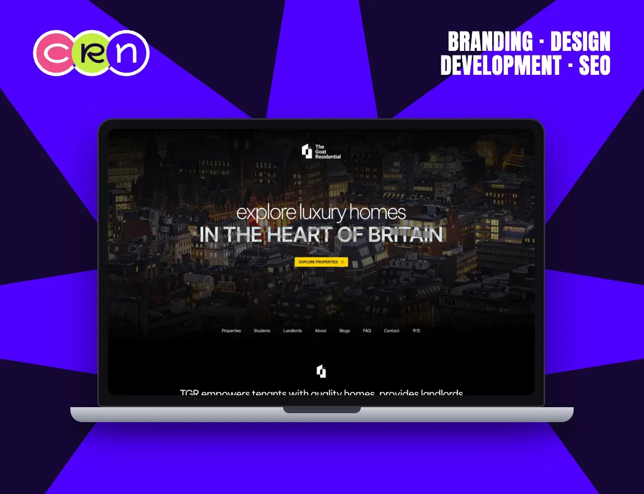 The Goat Residential homepage: a lit city skyline at night under the headline “Explore luxury homes in the heart of Britain”.