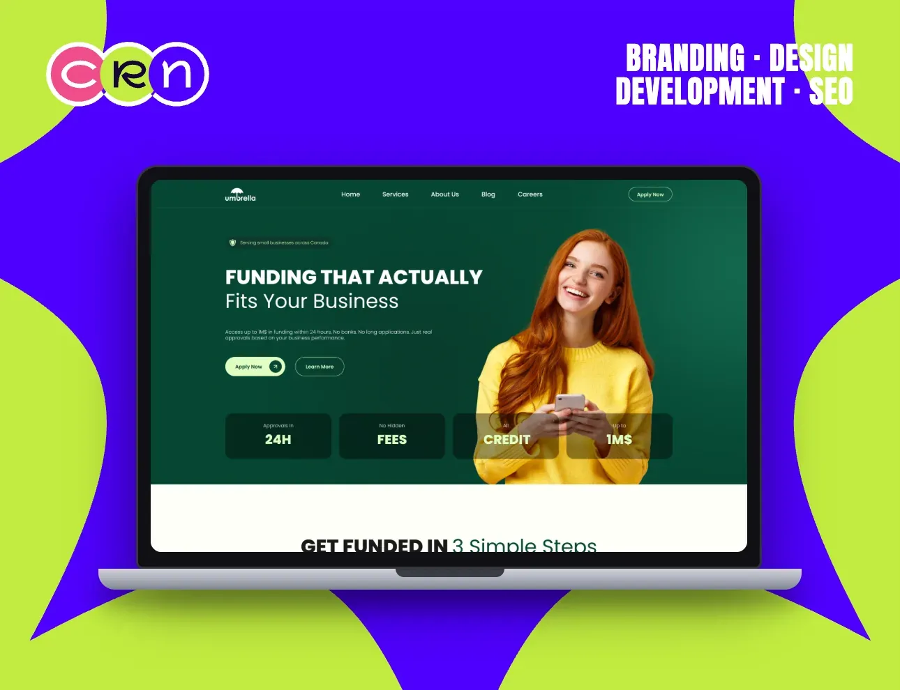 Umbrella homepage: a smiling woman holding a phone beside the headline “Funding that actually fits your business”.