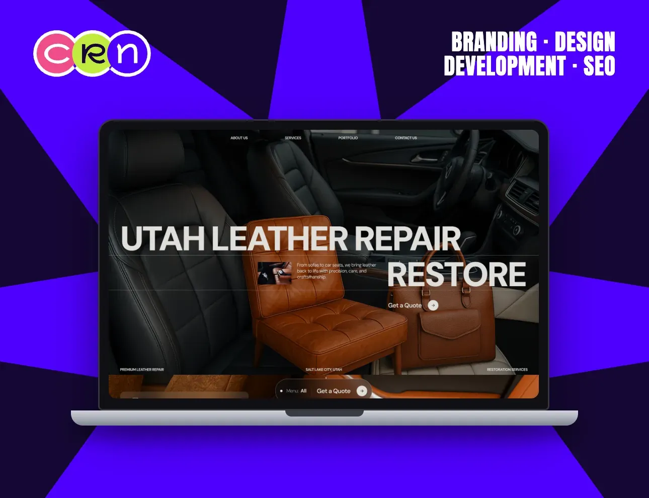 Utah Leather Repair homepage: a car interior, a tan armchair and a leather bag under the word “Restore”.
